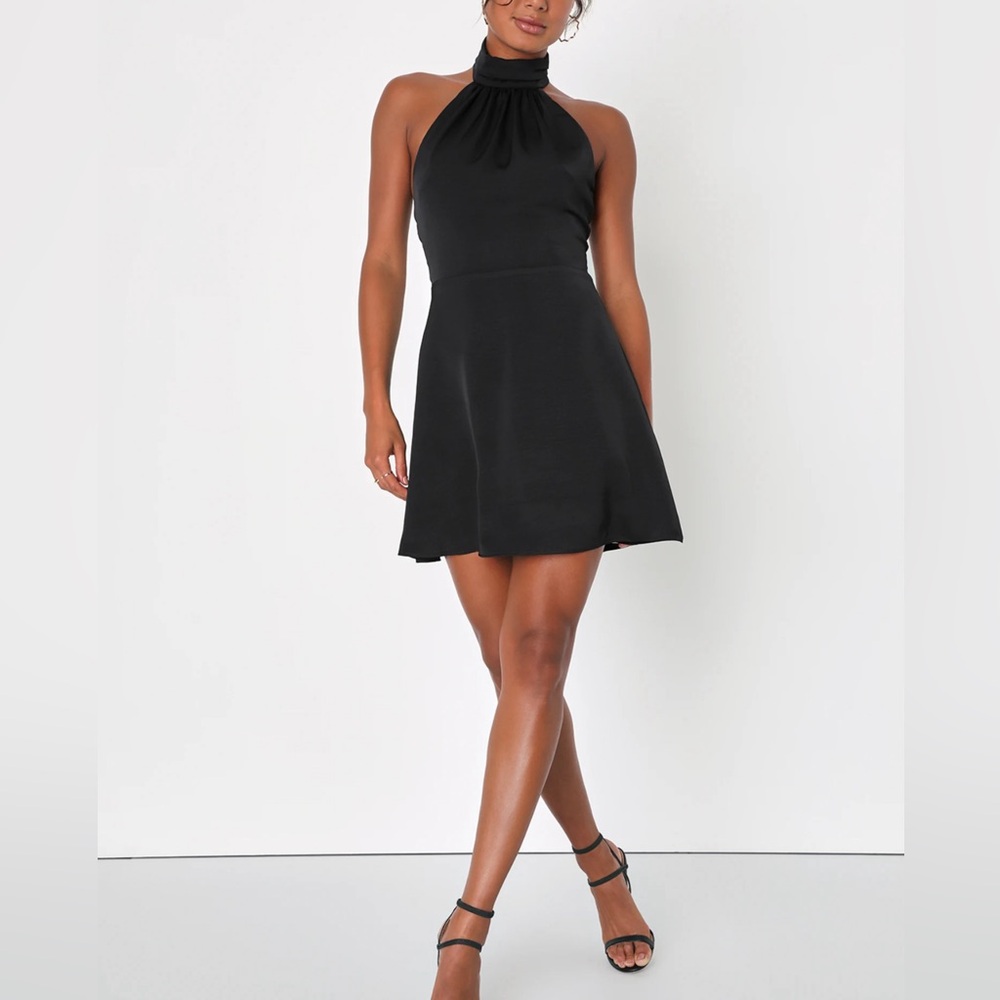 NWTS Black Satin Sleeveless Halter Mini Dress Size Small